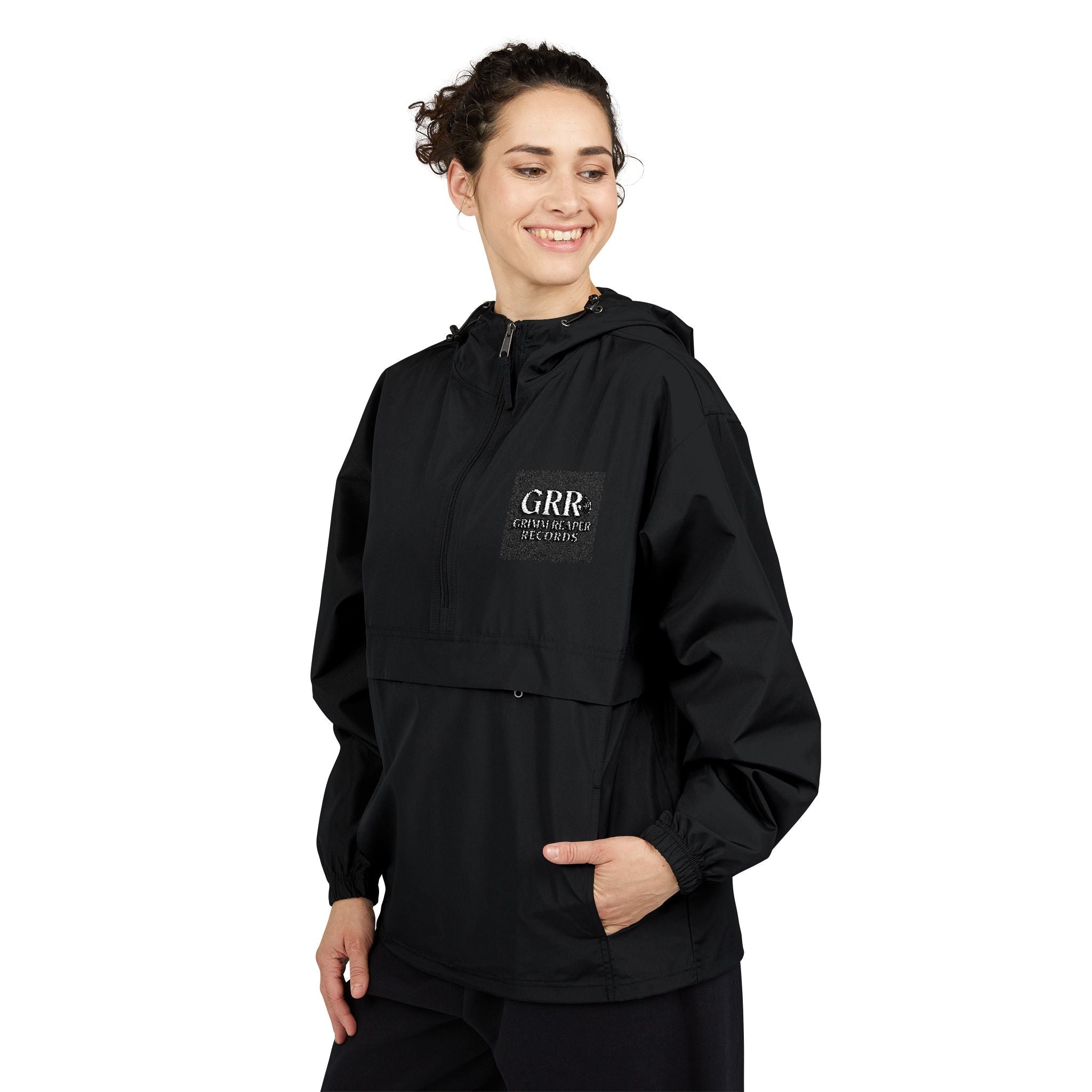Champion Packable Anorak Jacket — Black Windbreaker with QRIS Chest Graphic - GrimmReaper24
