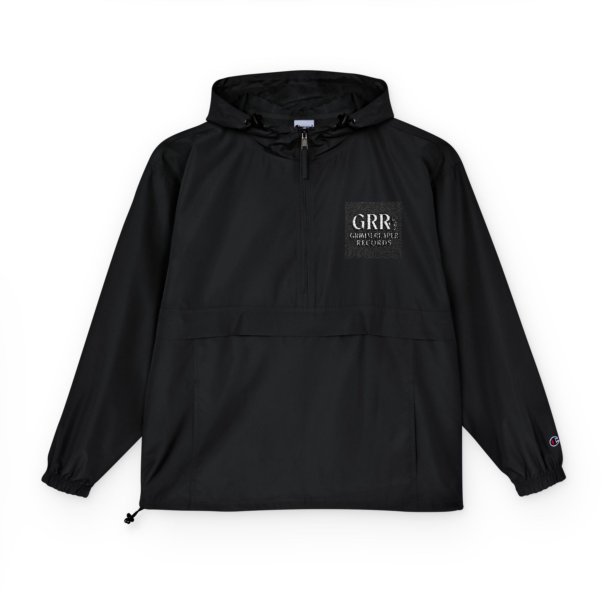Champion Packable Anorak Jacket — Black Windbreaker with QRIS Chest Graphic - GrimmReaper24
