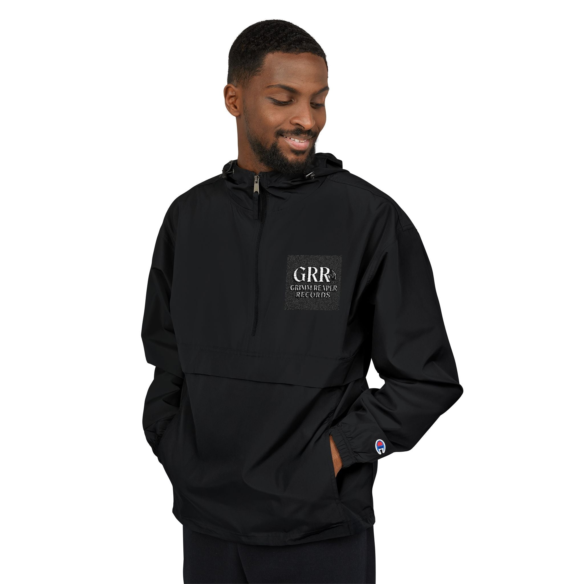 Champion Packable Anorak Jacket — Black Windbreaker with QRIS Chest Graphic - GrimmReaper24